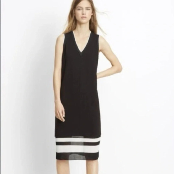 Vince Dresses & Skirts - VINCE Black White Stripe Double Layer V-Neck Sleeveless Midi Dress Sz 8